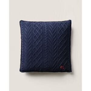 Ralph Lauren Highlander Throw Pillow Navy Blue Cable Knit Cotton Logo Monogram